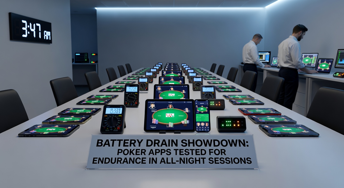Graph comparing battery drain percentages across top poker apps during eight-hour sessions on iOS and Android devices