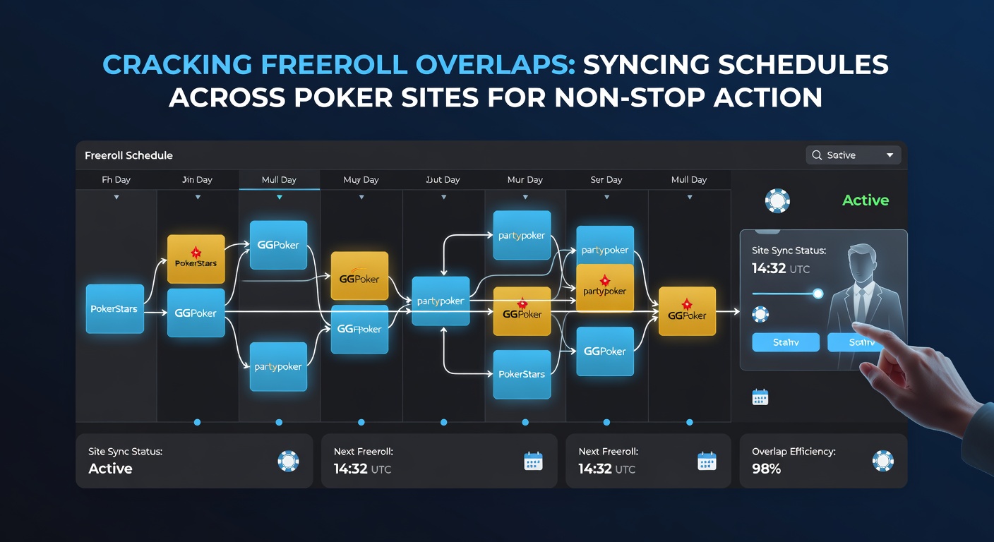 Poker player multitasking on multiple screens with overlapping freeroll tournament schedules displayed