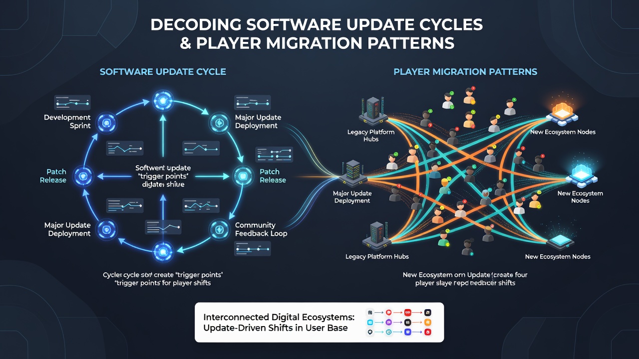 Network diagram illustrating player flow between digital card platforms during software updates