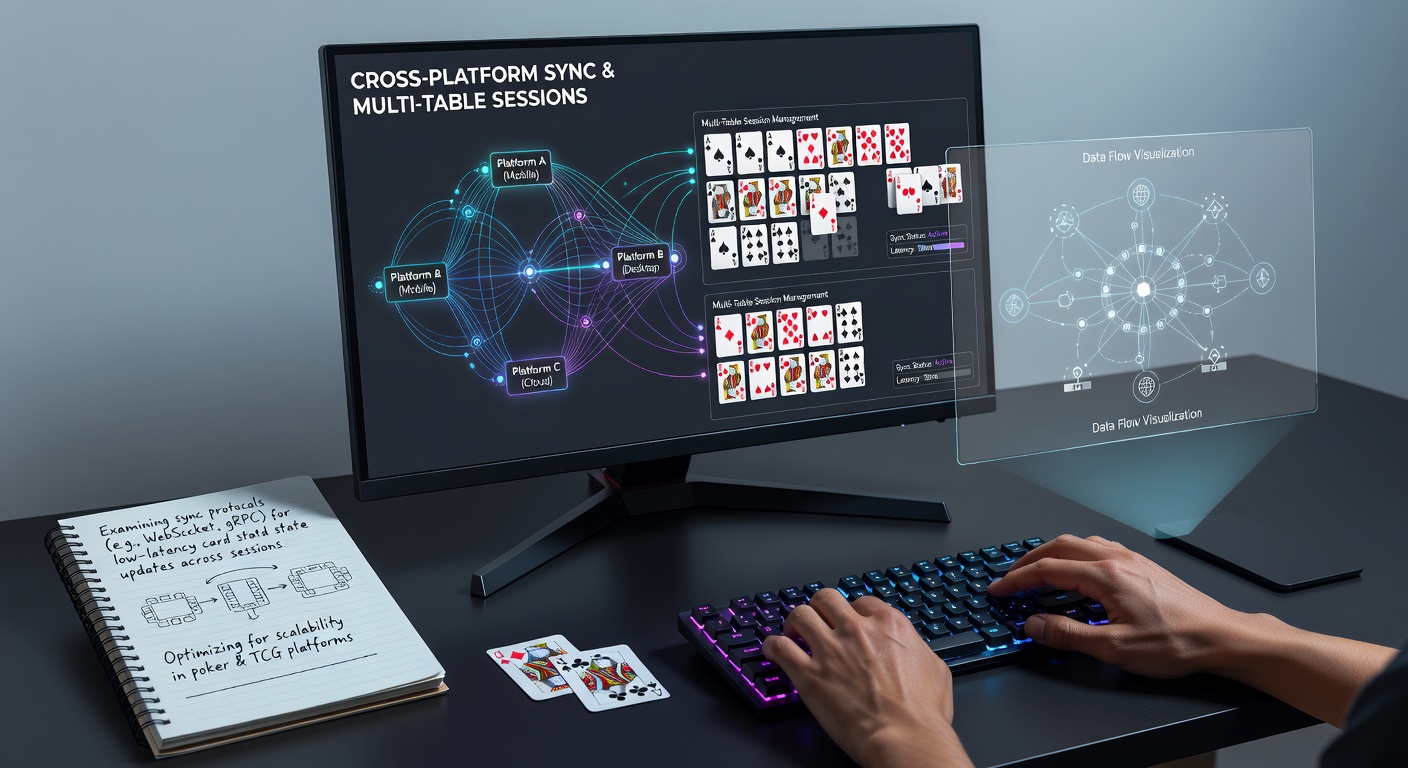 Illustration of cross-platform data synchronization across digital card tables and devices