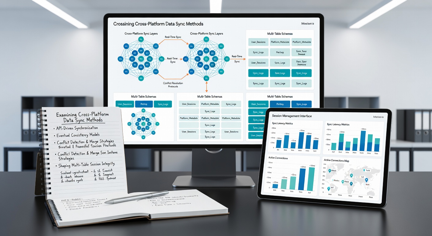Diagram showing multi-table session management with synchronized data across devices