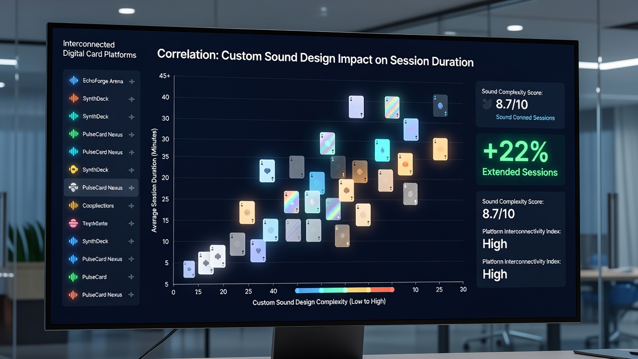 Digital card platform interface showing custom sound settings panel alongside session timer and player activity metrics