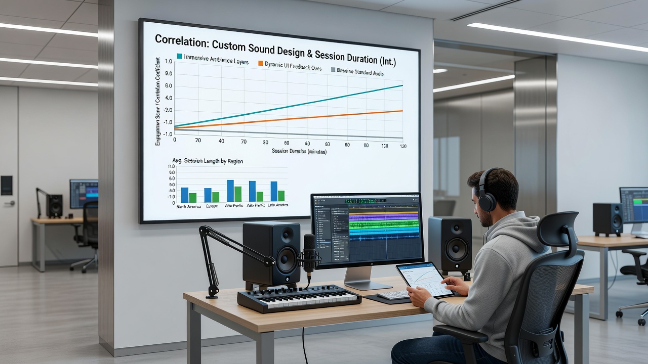 Heatmap visualization of session durations overlaid with sound customization usage rates on interconnected digital card platforms