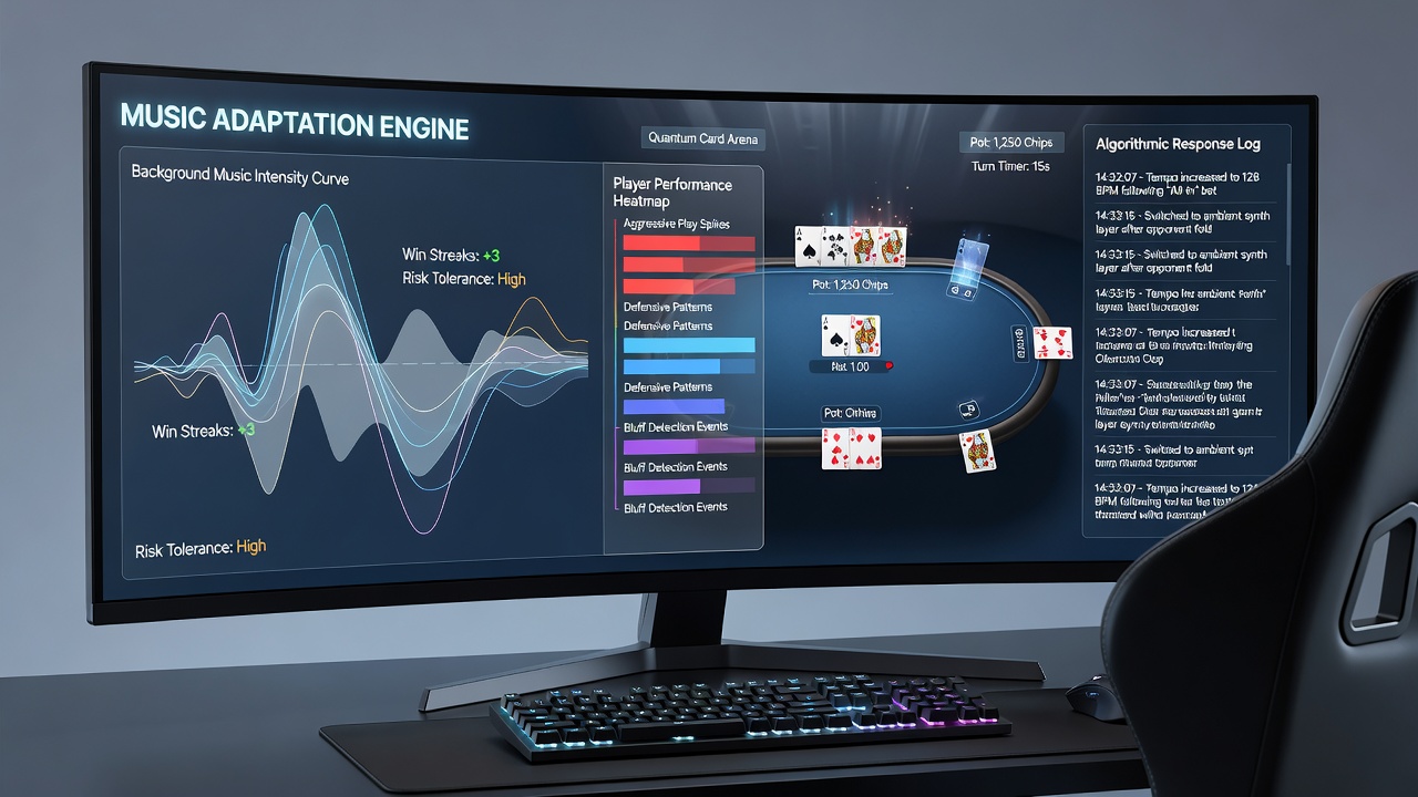 Close-up of algorithmic music adaptation dashboard displaying real-time player trend graphs and audio output logs