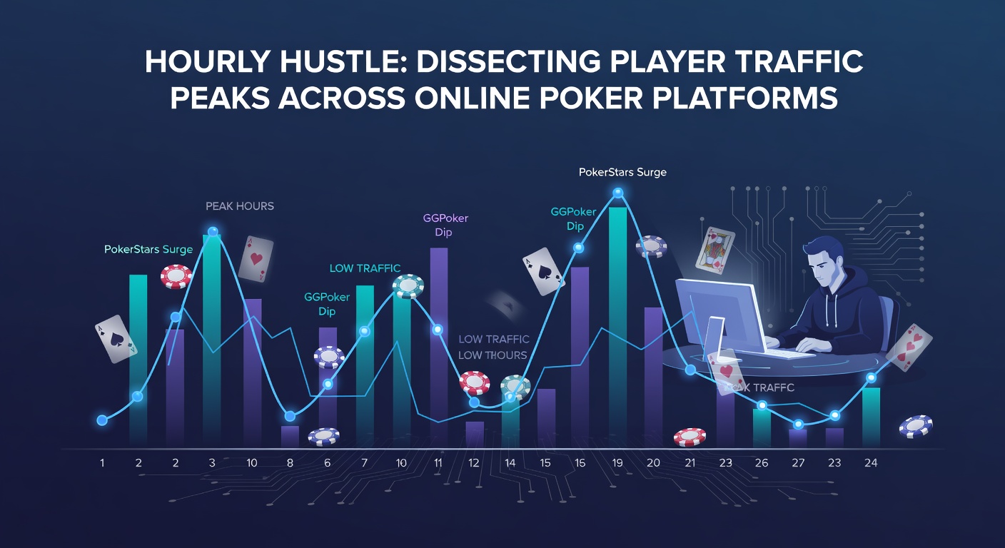 Colorful line graph illustrating hourly player traffic peaks on major online poker platforms, with spikes during evening hours across different time zones