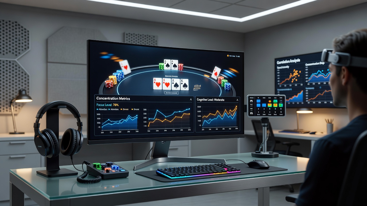 Graph displaying concentration metrics and sound event logs from multi-table poker sessions on competing platforms