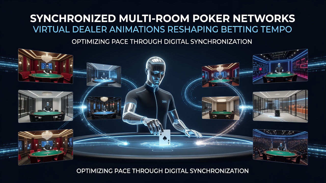 Virtual dealer animation interface showing synchronized betting sequence in multi-room poker network