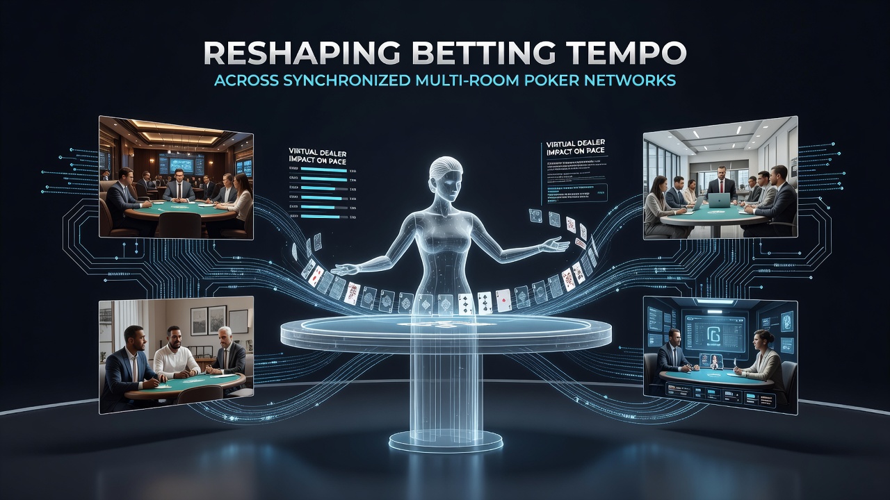 Multi-room poker dashboard displaying coordinated dealer animations and real-time betting tempo metrics