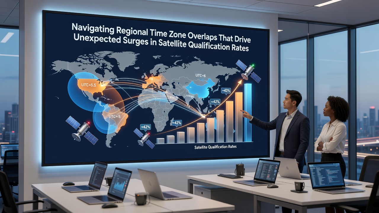 Data visualization of satellite qualification surges during time zone overlaps on digital card networks