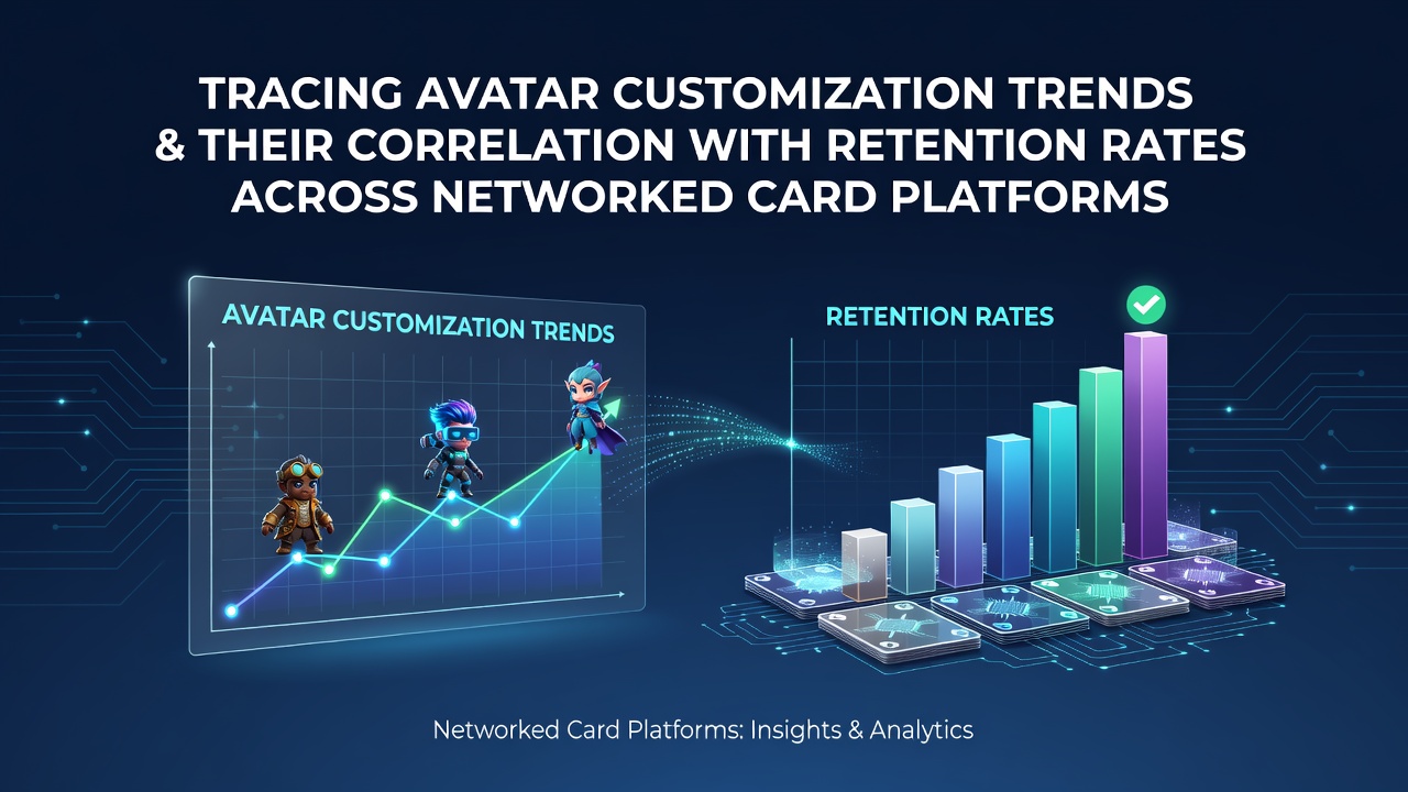 Networked card platform interface showing diverse avatar customization options including clothing, accessories, and background themes for player profiles