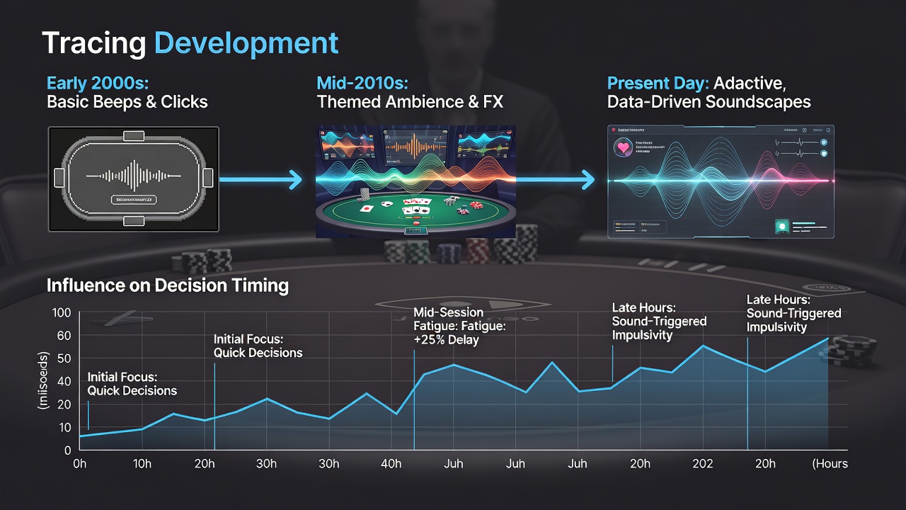 Early poker interface sound design evolution showing waveform patterns and player decision timers on digital tables